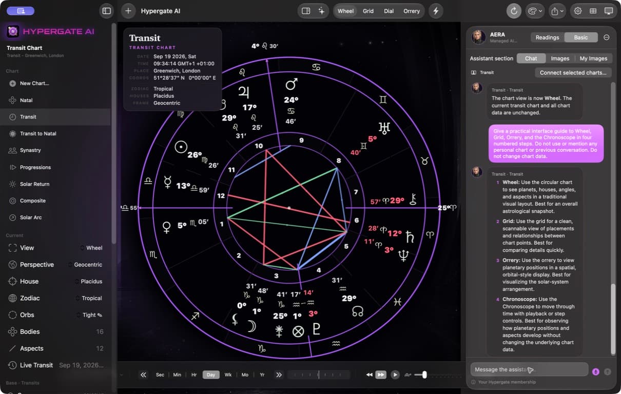 Actual full Hypergate AI Mac window with AERA's conversation beside the chart