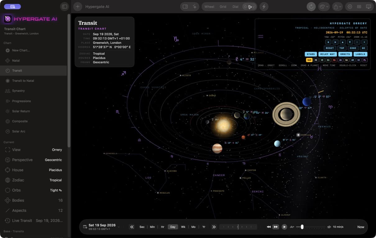 Complete Hypergate AI Mac window showing the real Orrery and its native controls